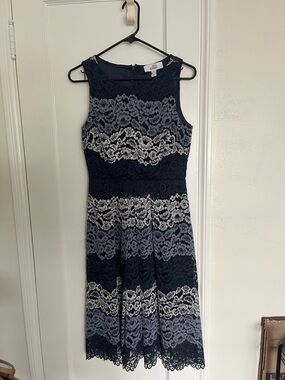 Badgley Mischka Navy and Light Blue Lace-Striped Midi Dress